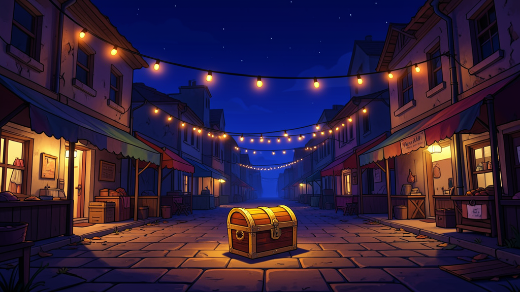 A colorful abandoned battle-royale town square at 2AM with string lights still glowing over empty market stalls