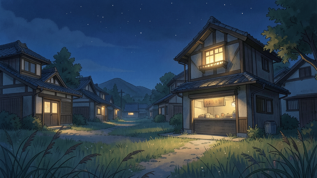 A painterly countryside town at 2AM with one lantern-lit window still open, Studio Ghibli-inspired style