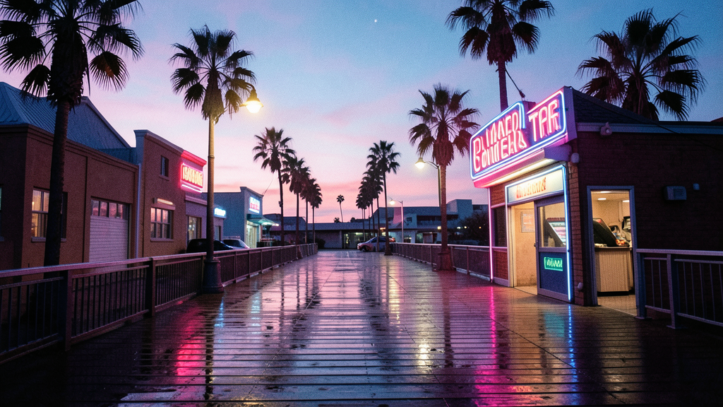 A neon-lit open-world city boardwalk at 2AM with palm trees and wet reflective pavement