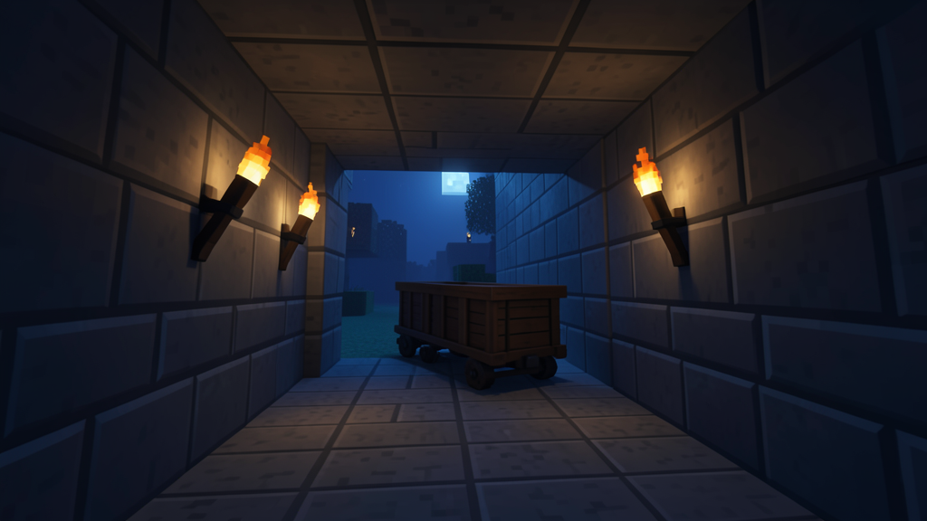 A blocky voxel-style mining tunnel entrance at 2AM with torches bolted along stone walls