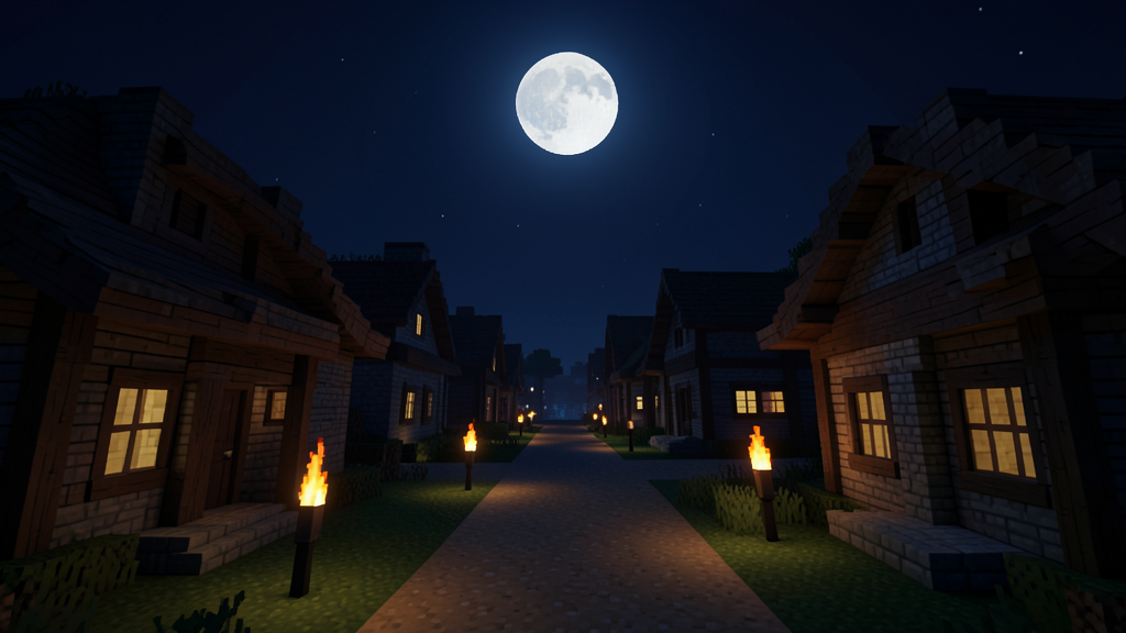 A blocky voxel-style village at night with windows lit one by one under a full moon
