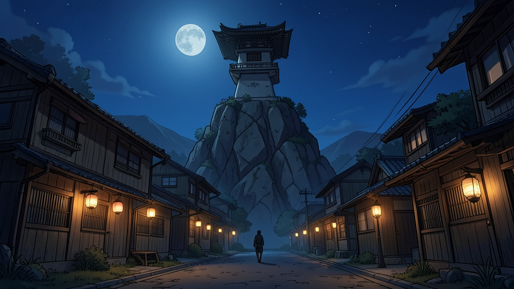 A quiet ninja village at 2AM with a Hokage-style monument under a full moon, fan-made AI image