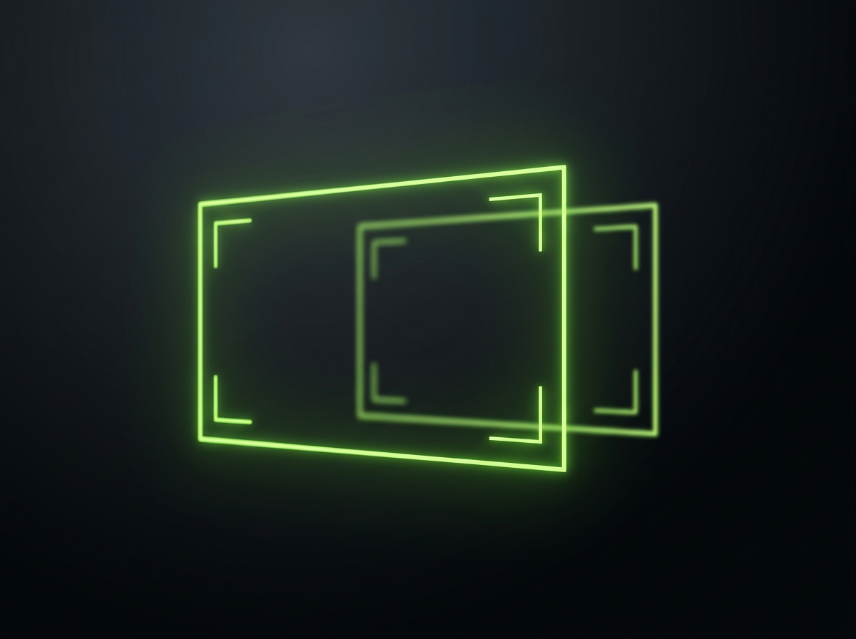 Two overlapping glowing green viewfinder frames floating in dark space, one offset behind the other