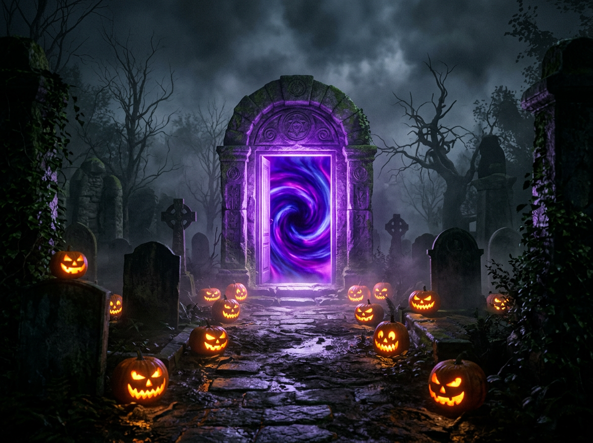 A glowing purple doorway portal standing open in a foggy graveyard at night, with jack-o'-lanterns glowing along the path