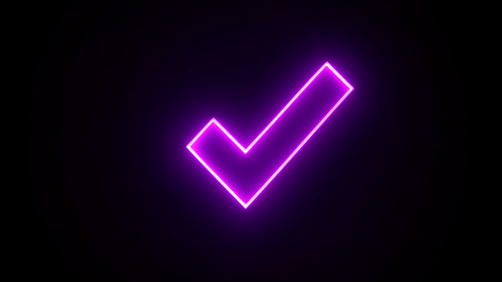 An abstract glowing purple checkmark shape made of light against a dark background