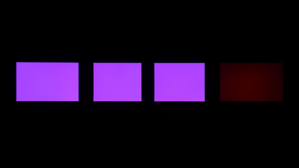 A row of five floating glowing rectangular panels, four glowing clean purple and one flickering dim red
