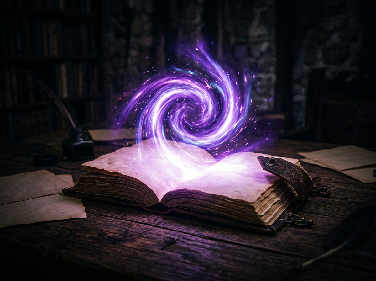 An open glowing notebook with a small swirling purple portal of light rising from its pages