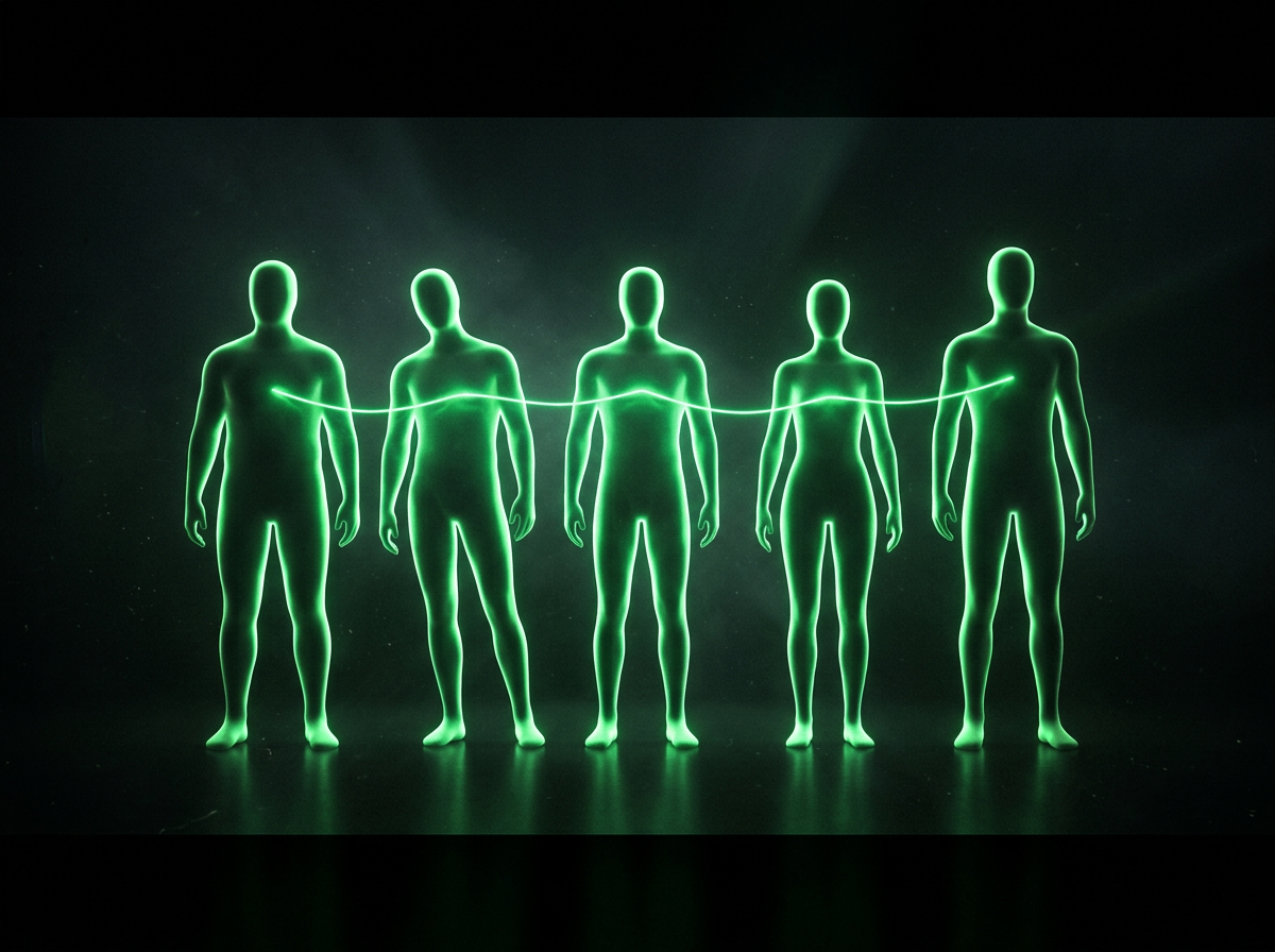 Five glowing green human silhouettes standing together, connected by a single thread of light running through all of them