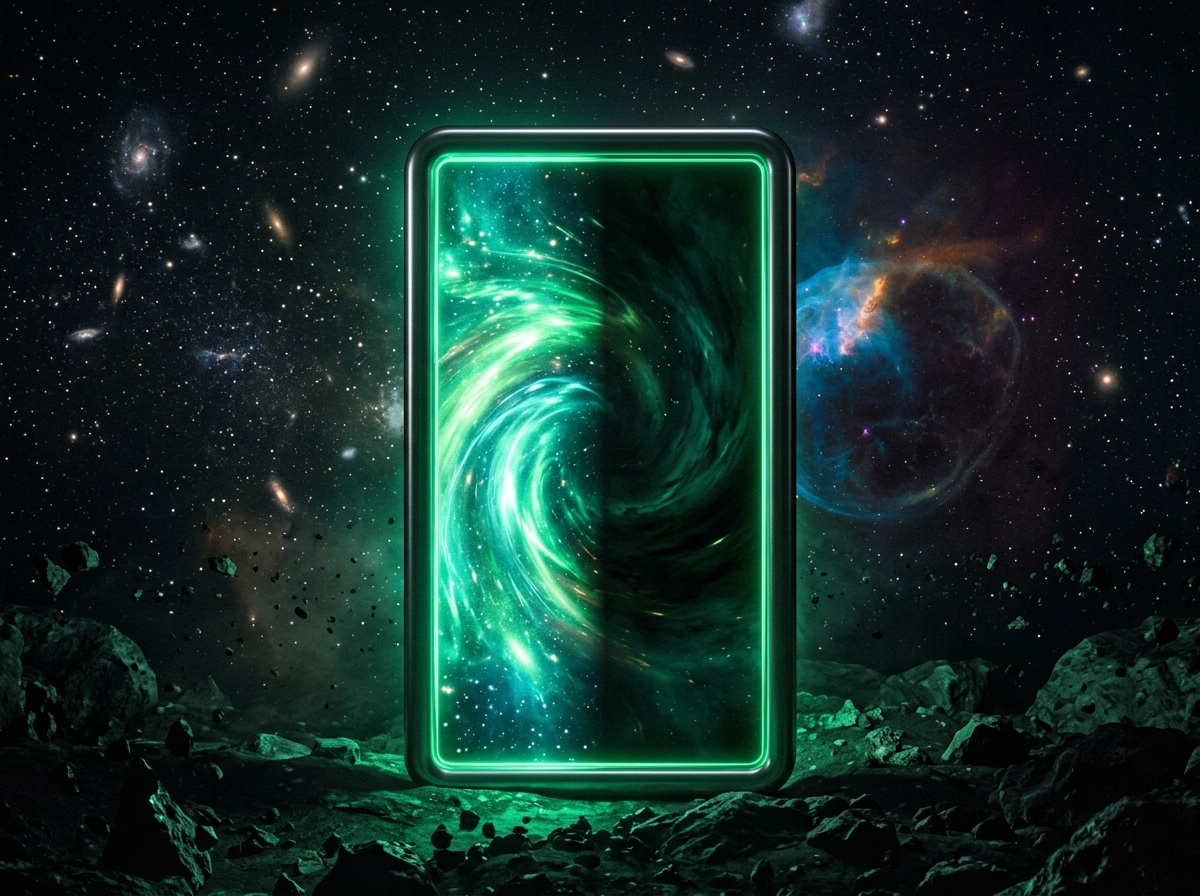A glowing green doorway frame, the portal inside half bright and half fading into shadow