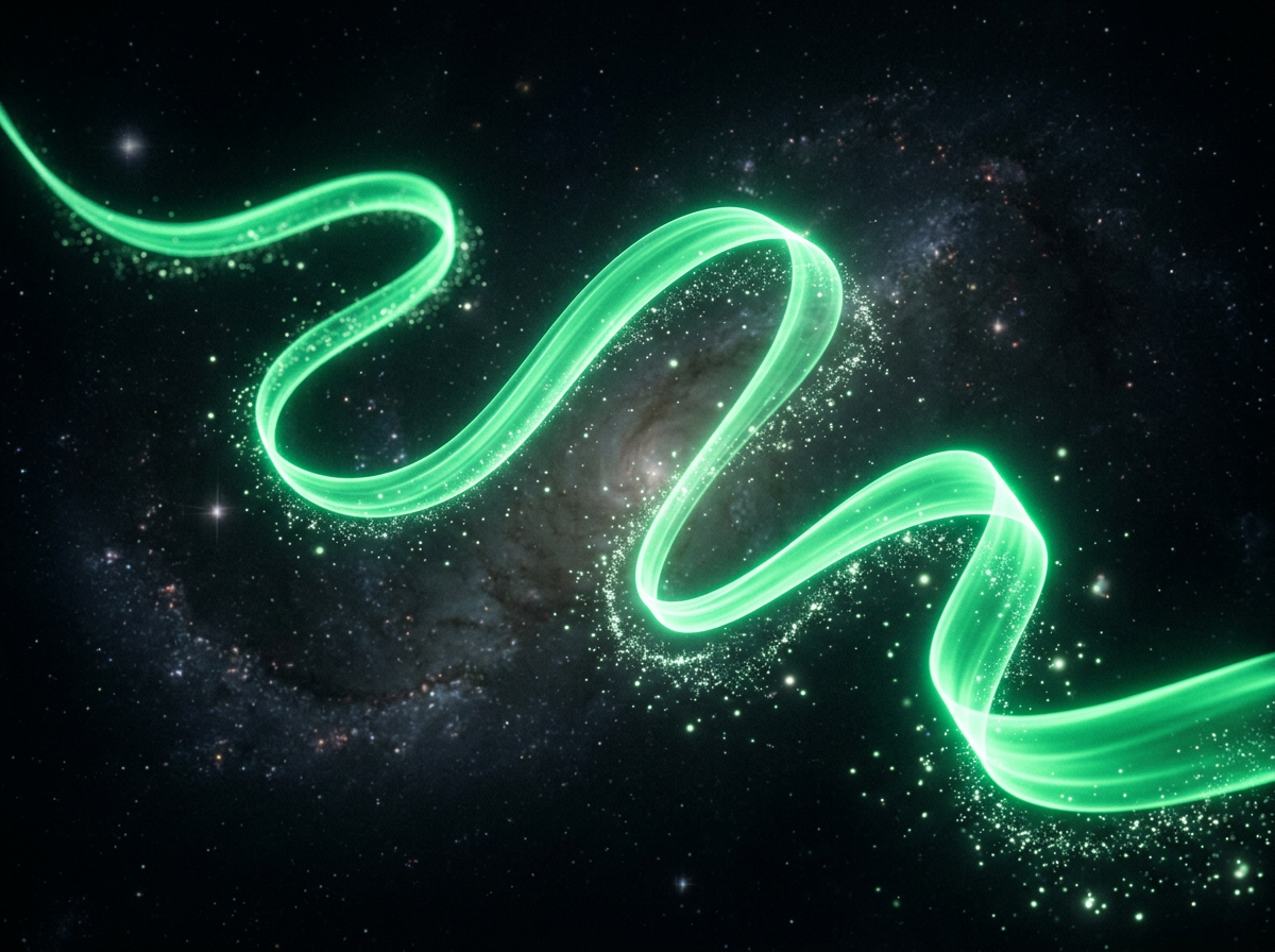 An abstract glowing green ribbon of light unfurling and curling through a dark cosmic void