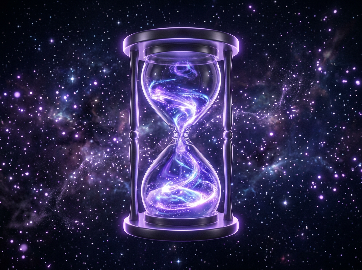 A glowing purple magical hourglass floating in a dark cosmic void, with swirling portal energy inside it instead of sand