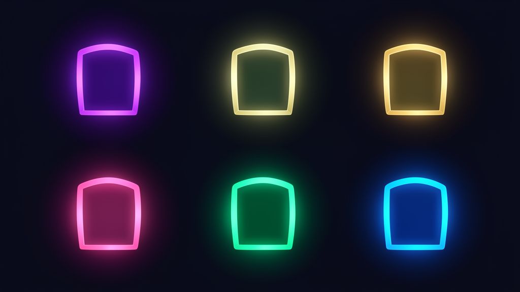 A grid of six small glowing abstract portal-doorway shapes in different colors
