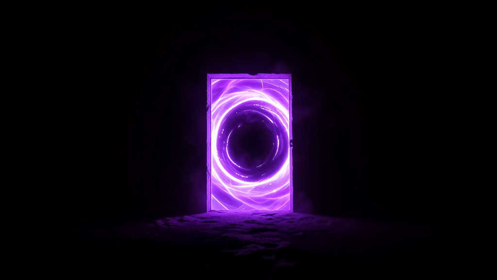 A glowing purple doorway portal standing open in a dark void, swirling light inside like an entrance to another world