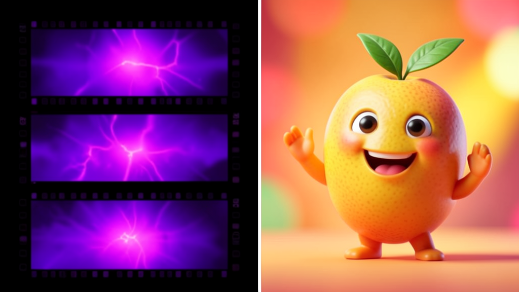 A split image: an abstract glowing purple film-strip sequence on the left, a stylized 3D cartoon fruit character waving on the right