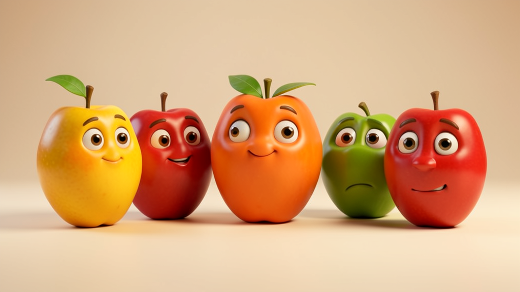 A group of five stylized 3D cartoon fruit characters posed together like a cast photo, warm studio lighting