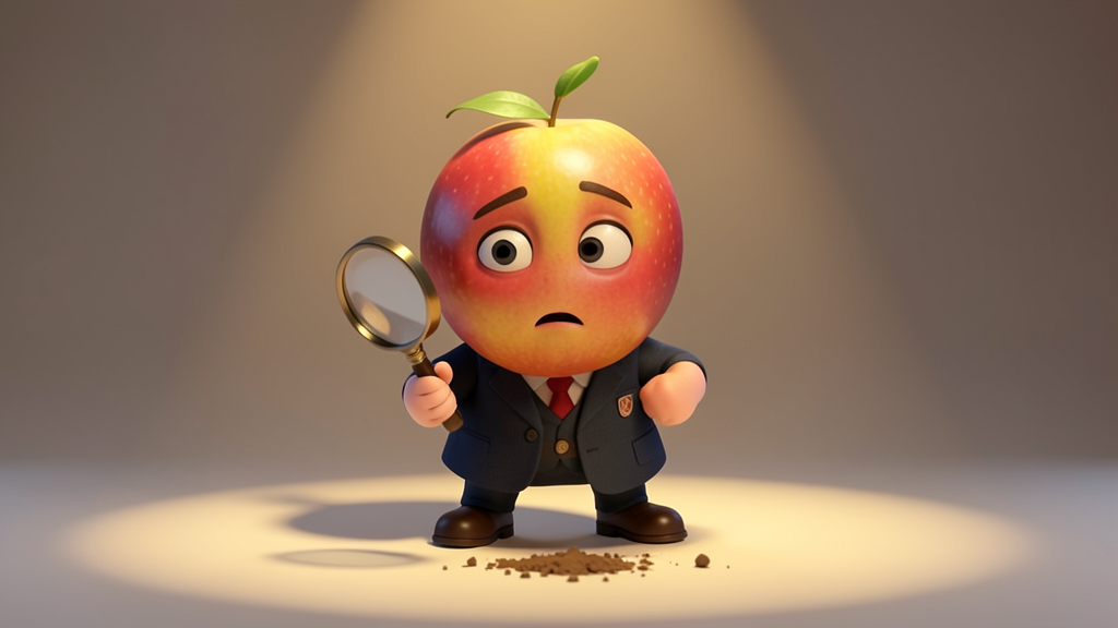 A stylized 3D cartoon fruit character in a detective pose holding a magnifying glass, examining clues