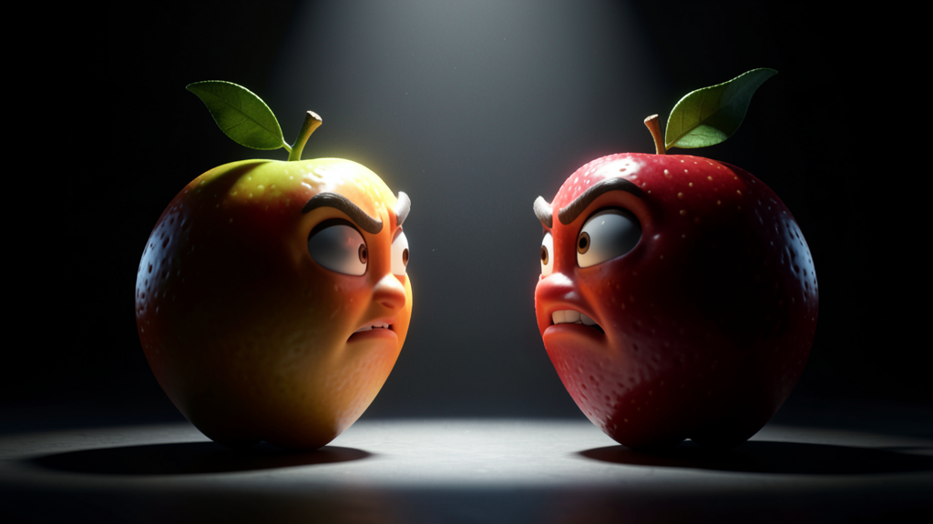 Two stylized 3D cartoon fruit characters face to face under dramatic spotlight lighting during a tense confrontation scene