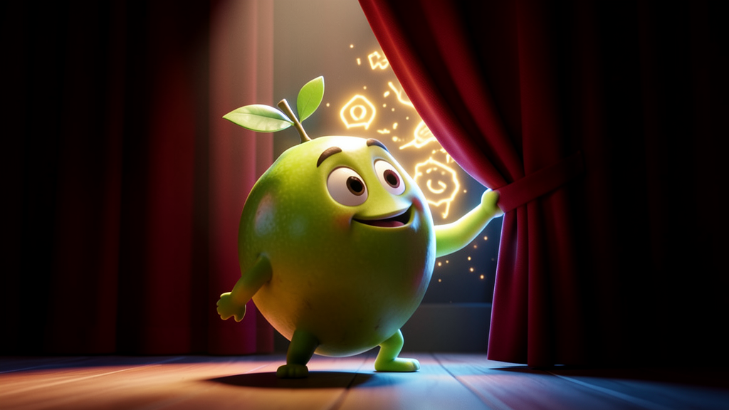 A stylized 3D cartoon fruit character pulling back a curtain to dramatically reveal a glowing secret