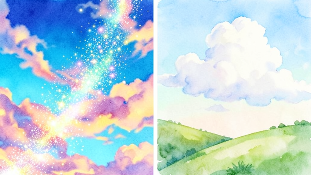 A split image: a bright magical sparkle-dust sky on the left, a soft painterly cloud over green hills on the right