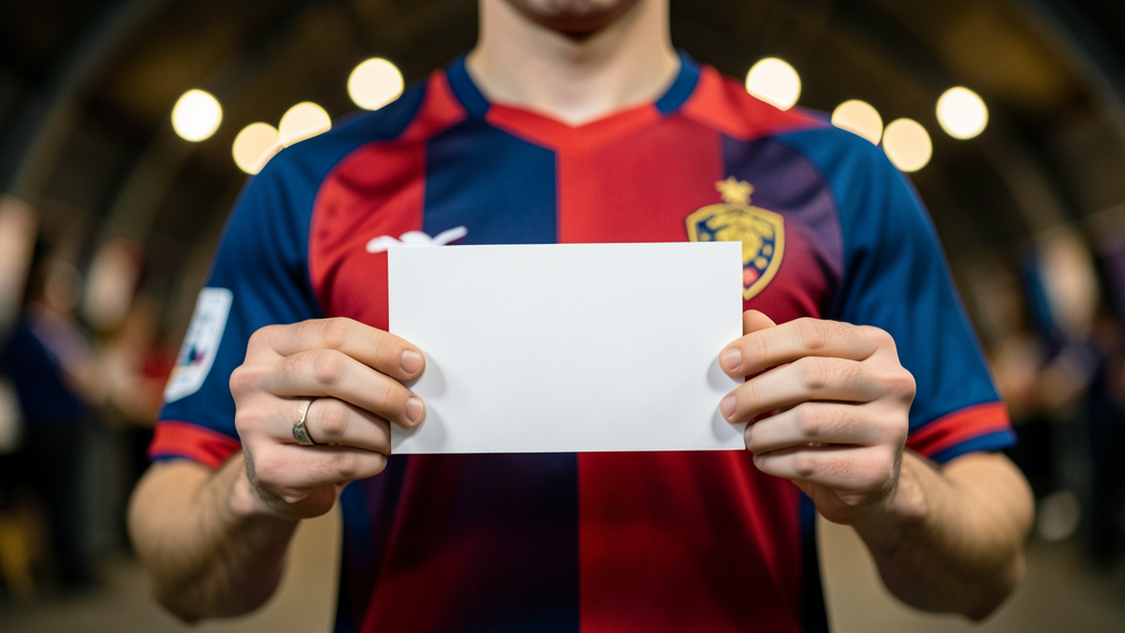Close-up of hands holding a blank card while wearing a national-team football jersey in a stadium tunnel