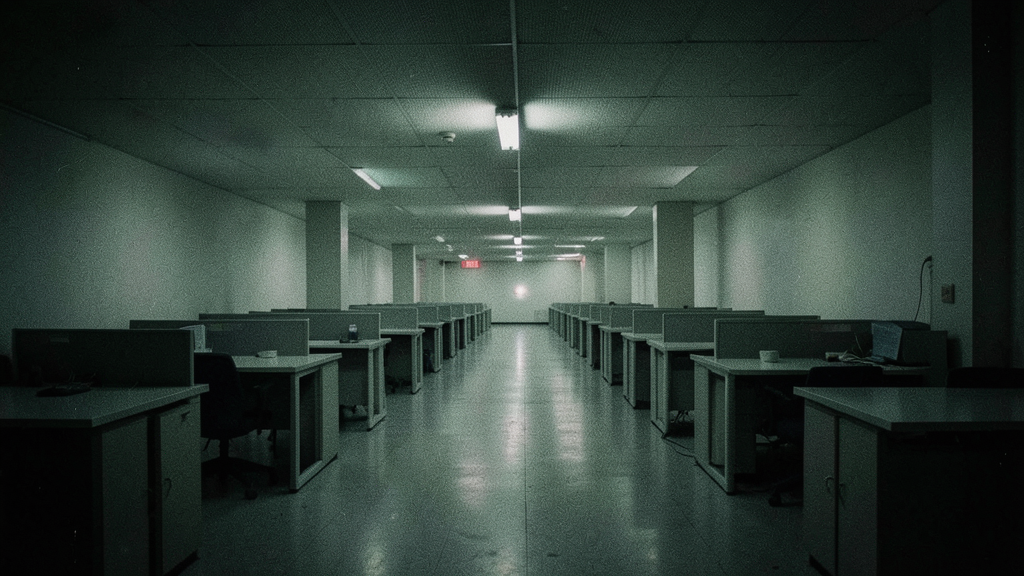 An empty fluorescent-lit office floor at 2AM with no one in sight, an example of the liminal space aesthetic
