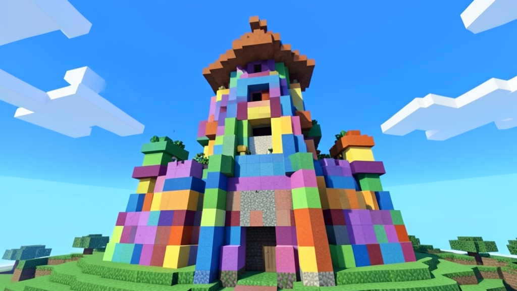 A blocky voxel-style castle made of colorful cubic blocks under a bright blue sky