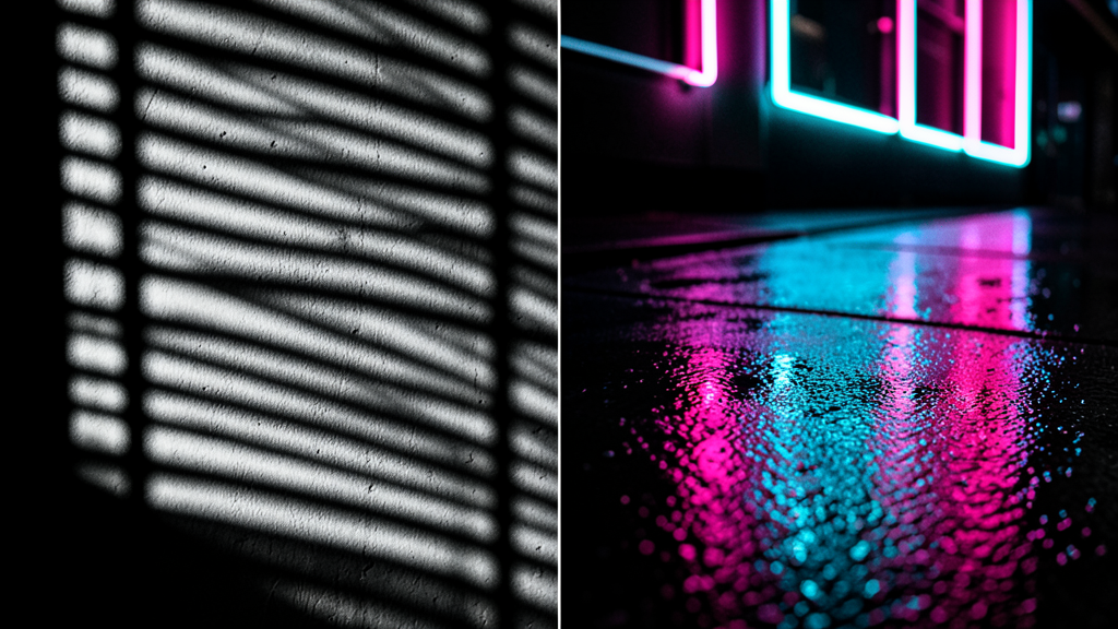 A split close-up: moody film-noir window-blind shadows on the left, glowing neon reflections on wet pavement on the right
