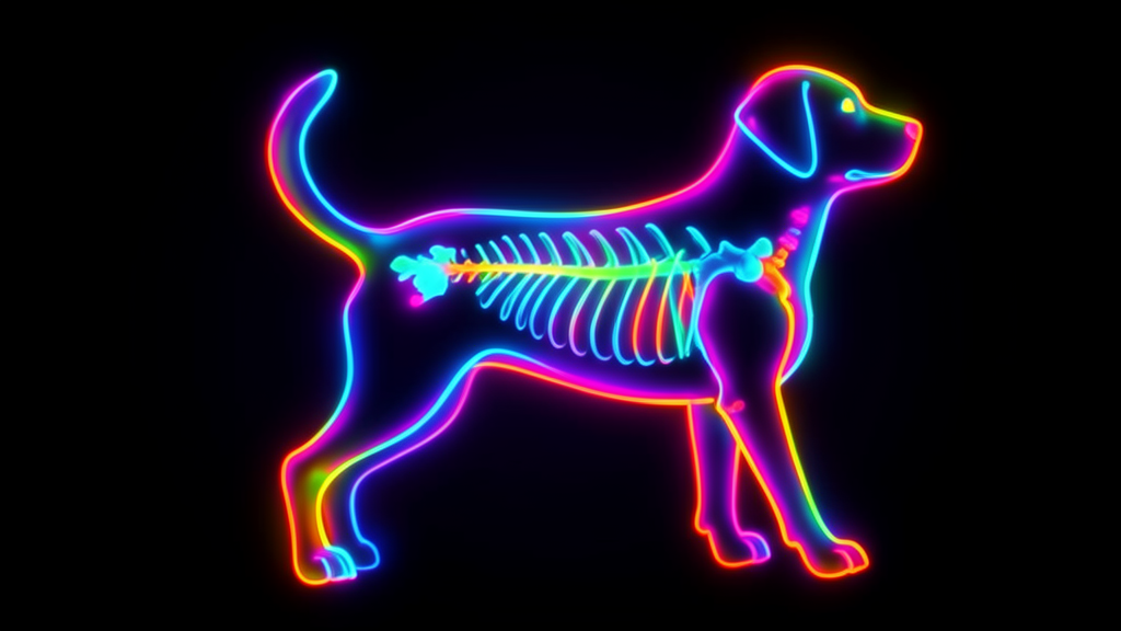 A stylized neon X-ray style silhouette of a dog showing a glowing skeletal structure inside a translucent outline