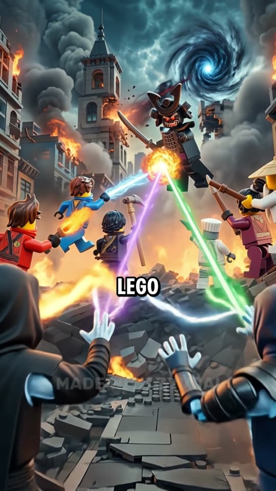 A real 30 Days generation showing a dramatic LEGO Ninjago battle scene with glowing energy effects