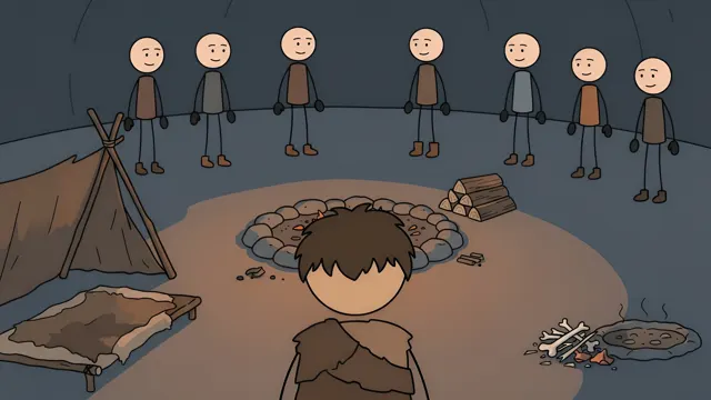 Stickman camp gathered around a hearth at night, AI-generated history scene