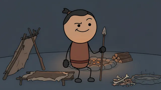 Smiling stickman hunter by a night camp fire, AI-generated history scene