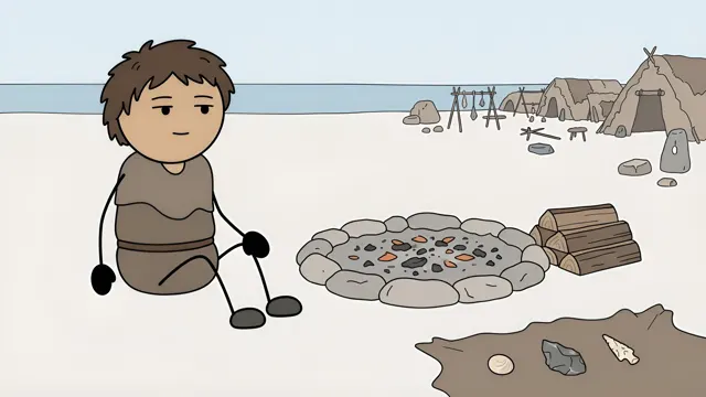Stickman child sitting next to a stone hearth at a camp, AI-generated history scene