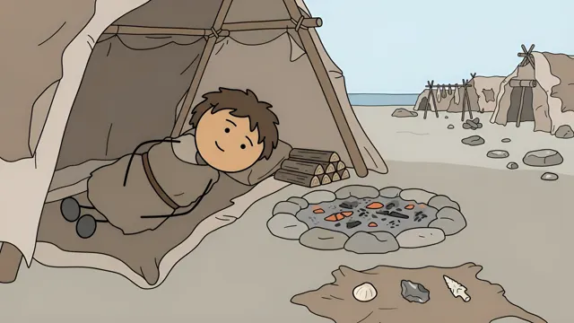 Stickman sleeping under a hide shelter, AI-generated history scene