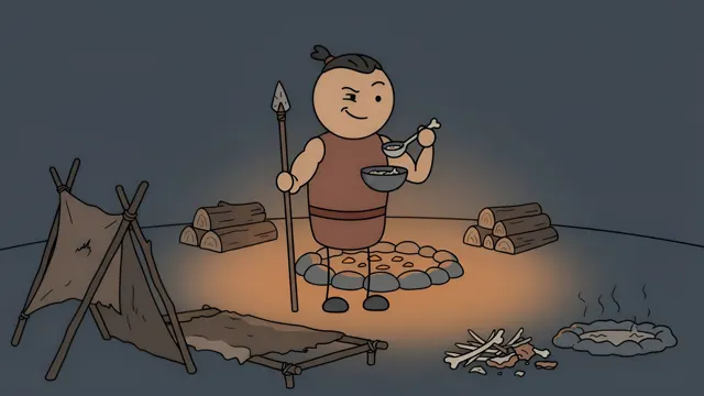 Stickman hunter cooking over glowing embers at night, AI-generated history scene