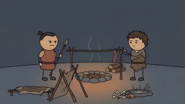 Two stickmen roasting meat over a fire, AI-generated history scene
