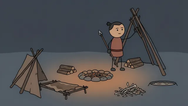 Stickman hunter with a spear at a night camp beside a hide shelter, scene from a stickman history video made with AI