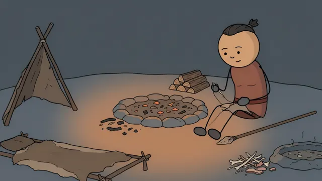 Stickman sitting by a stone hearth at a night camp working on a tool, scene from a stickman history video made with AI
