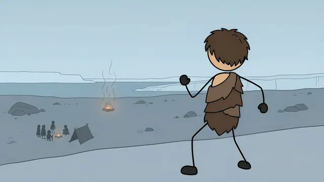 Stickman in fur clothing walking along an icy shore toward a distant camp, scene from a stickman history video made with AI