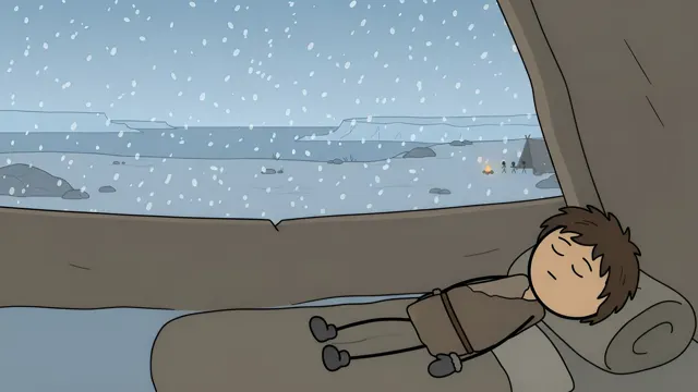Stickman child asleep in a cave while snow falls outside, scene from a stickman history video made with AI