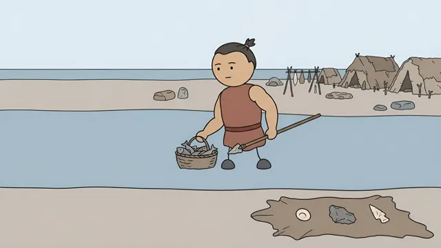 Stickman carrying a basket of food at a shore camp with huts, scene from a stickman history video made with AI