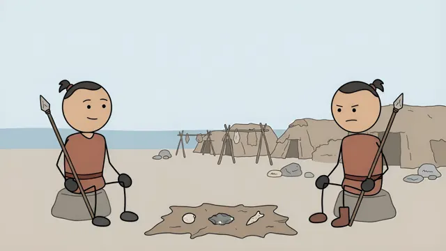 Two stickman hunters sitting with spears at a camp of hide huts, scene from a stickman history video made with AI