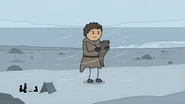 Stickman wrapped in furs walking through a snowstorm, scene from a stickman history video made with AI