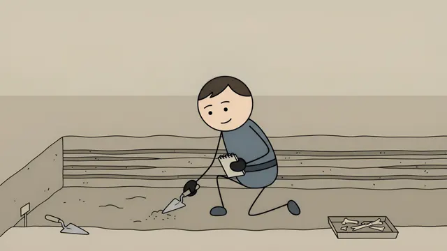 Stickman archaeologist kneeling in an excavation trench with a trowel, scene from a stickman history video made with AI