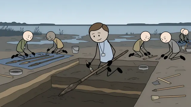 Stickman archaeologists excavating wooden spears at a lakeside dig, scene from a stickman history video made with AI