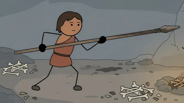 Stickman hunter holding a long spear among animal bones in a cave, scene from a stickman history video made with AI