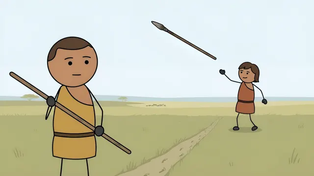 Stickman hunter throwing a spear while another watches on the grassland, scene from a stickman history video made with AI