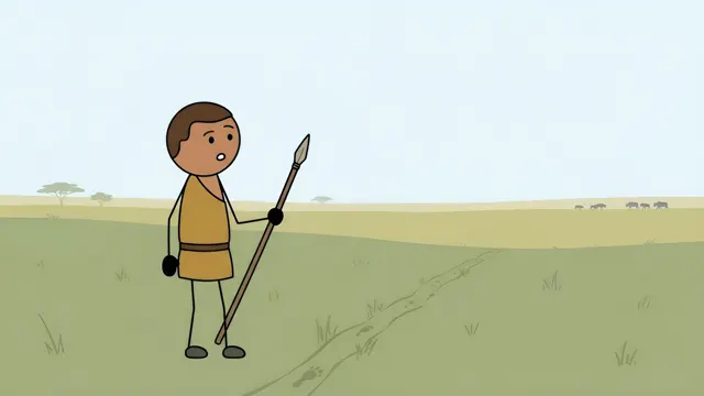 Stickman hunter standing with a spear on the open savanna, scene from a stickman history video made with AI
