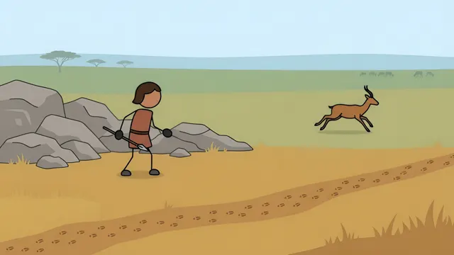 Stickman hunter stalking an antelope from behind rocks, scene from a stickman history video made with AI