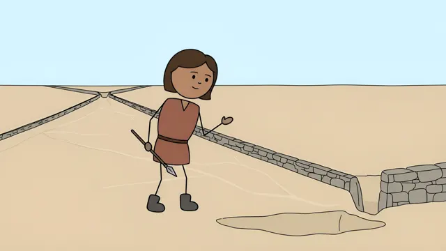 Stickman hunter walking beside a stone wall built to trap animals, scene from a stickman history video made with AI