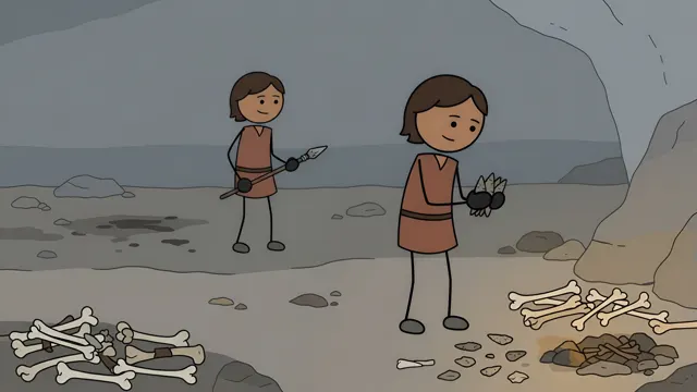 Two stickman hunters with stone tools in a cave littered with bones, scene from a stickman history video made with AI